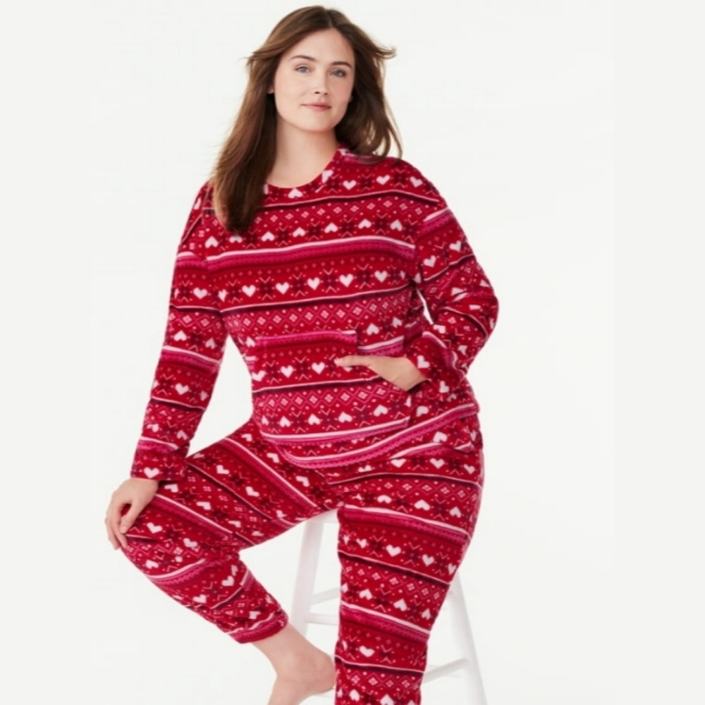 NEW Joyspun Women’s Super Soft Plush 2 Piece Pajama Kangaroo Pocket Top Pants L
